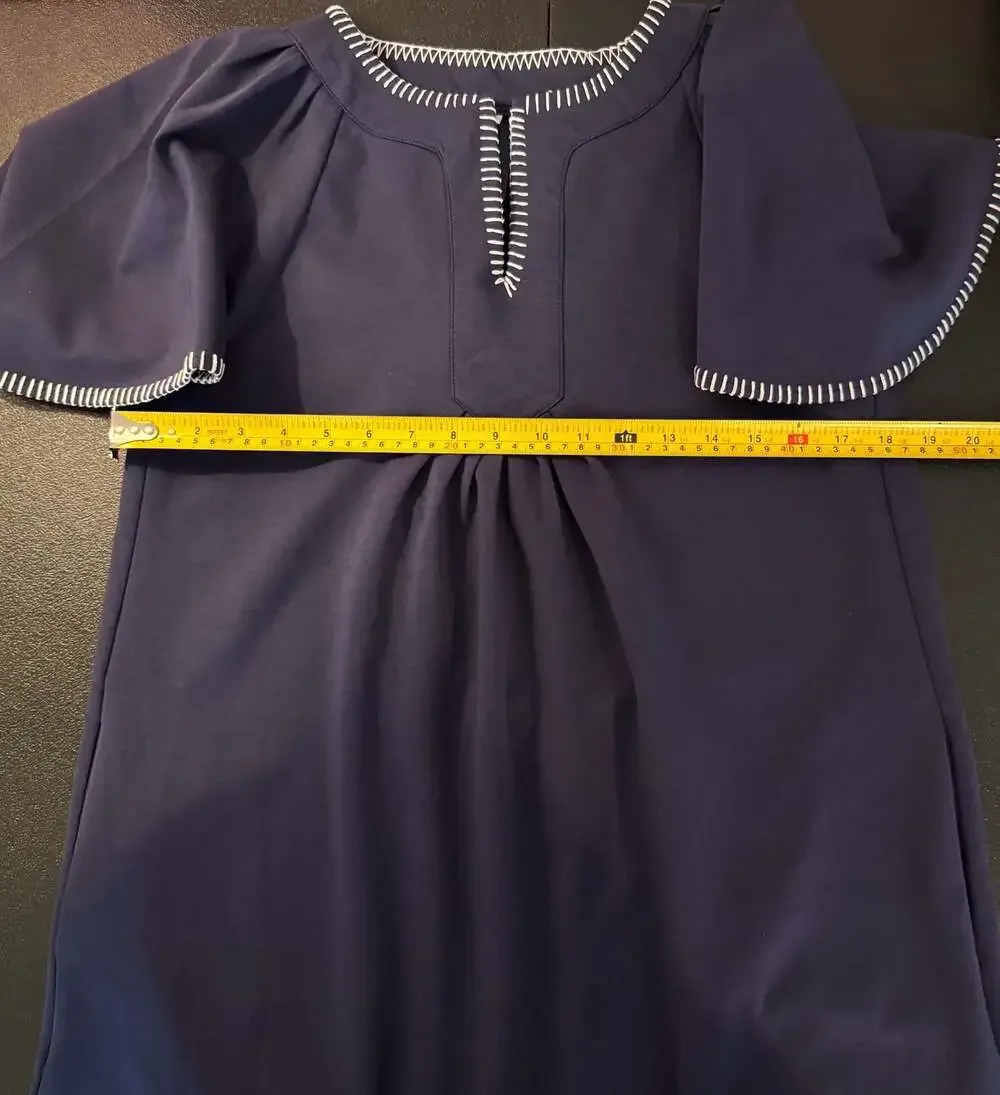 Beaulane Navy Blue Split Neck Contrast Whipstitch Trim Mini Dress with Pockets-S